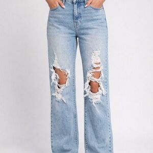 Cello Distressed Light Wash Wide Leg Jeans Size 7 Frayed Hem Ripped Denim